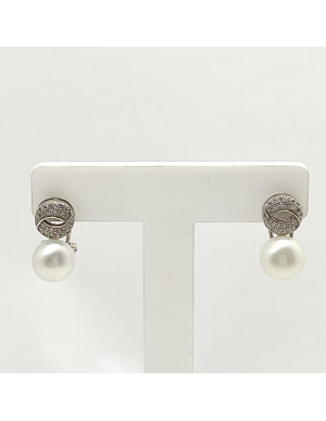 Brinco pérola e zircónia fecho omega