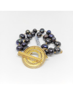Pulseira dupla pérolas negras com fecho