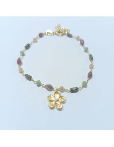 Pulseira pedras multicolores e flor