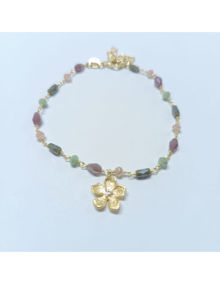 Pulseira pedras multicolores e flor